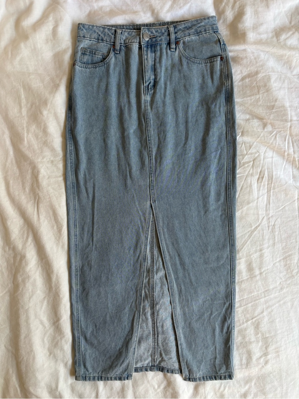 High-Waist Light Blue Denim Maxi Skirt with Center Front Slit